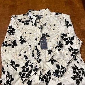 Chaps black, white, cream flowered blouse.